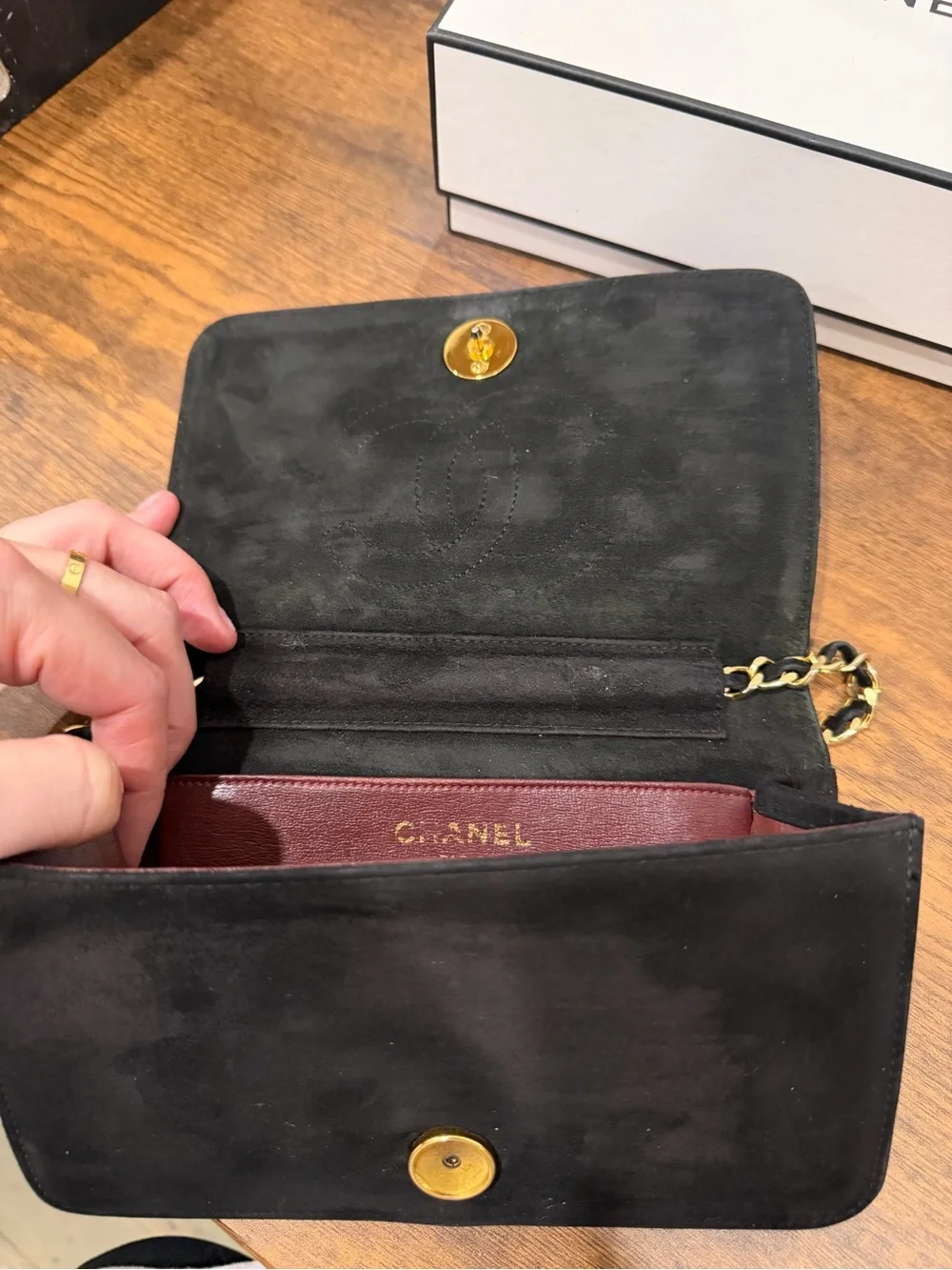 CHANEL Black Quilted Suede Chain Crossbody with Gold Hardware