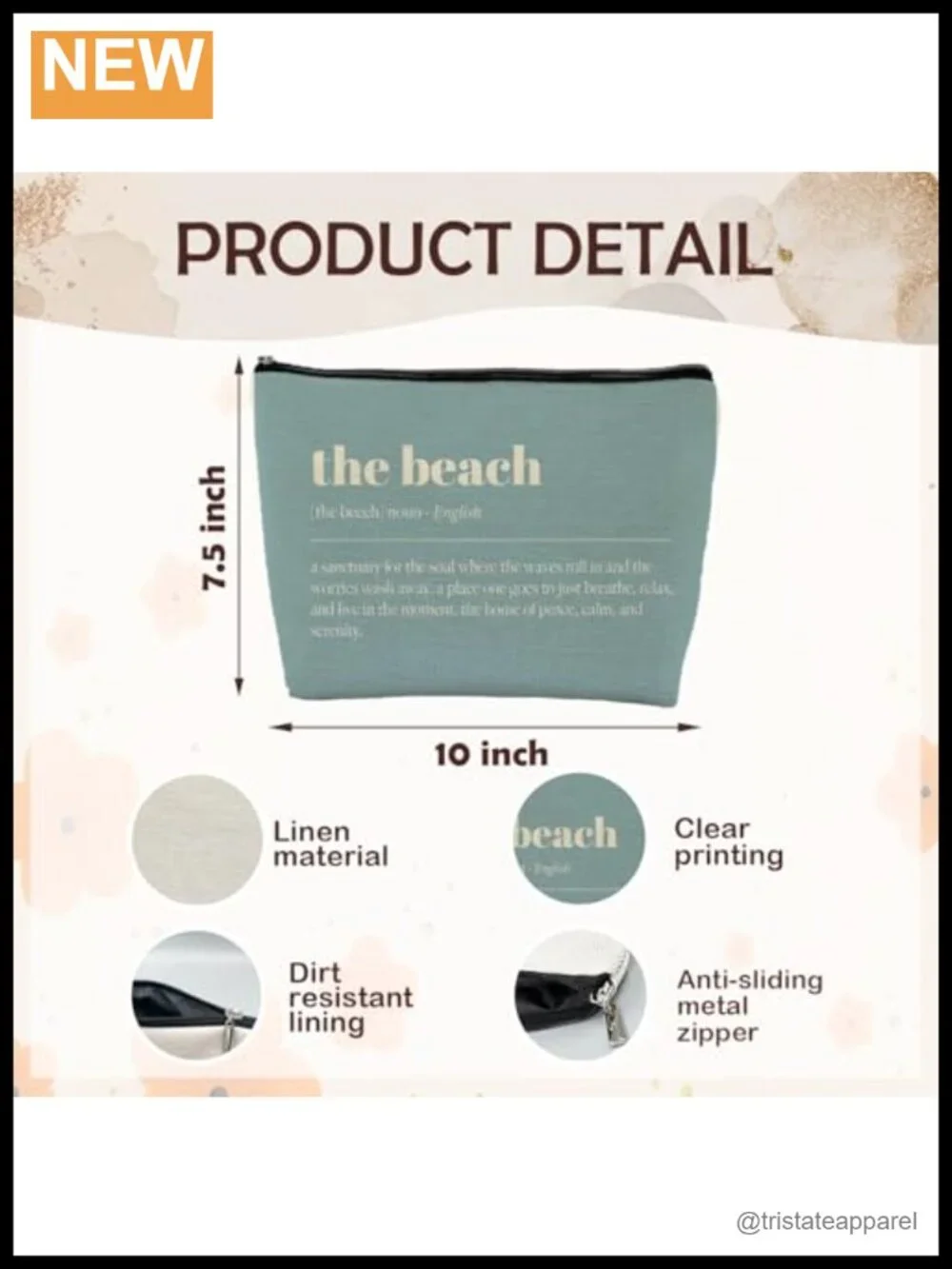 Canvas Cosmetic Bag with Zipper Closure, Travel Makeup Pouch Linen