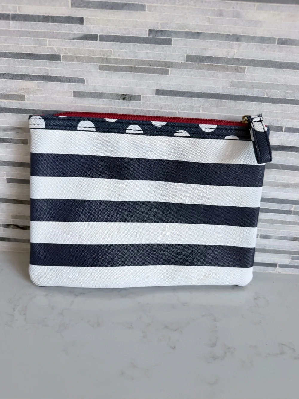 Striped Navy and White Zip Pouch with Red Lining