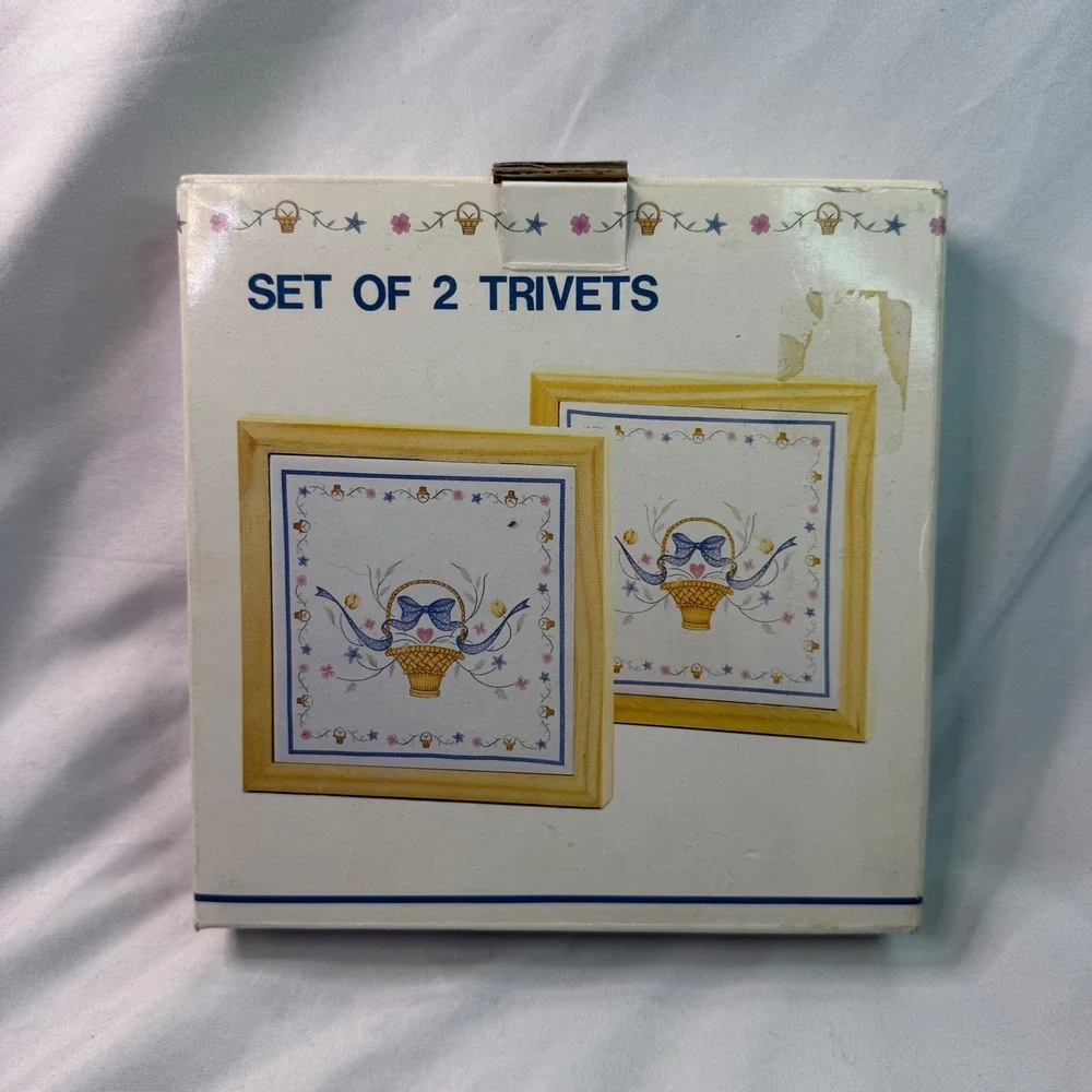 Vintage Set of 2 Ceramic Tile Wood Framed Trivets Country Floral Basket Wall Art