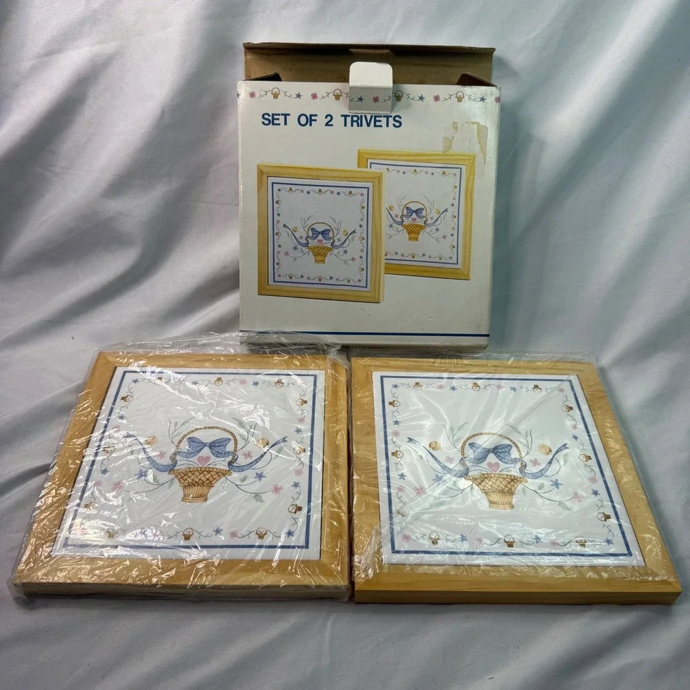Vintage Set of 2 Ceramic Tile Wood Framed Trivets Country Floral Basket Wall Art