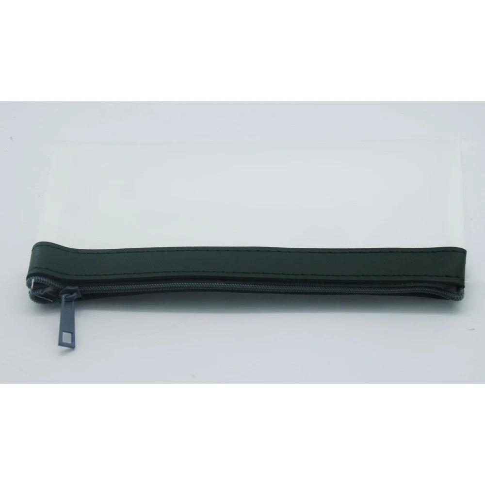 Slim Frosted Translucent Makeup Brush Pouch Dark Green Trim Zippered Travel Bag