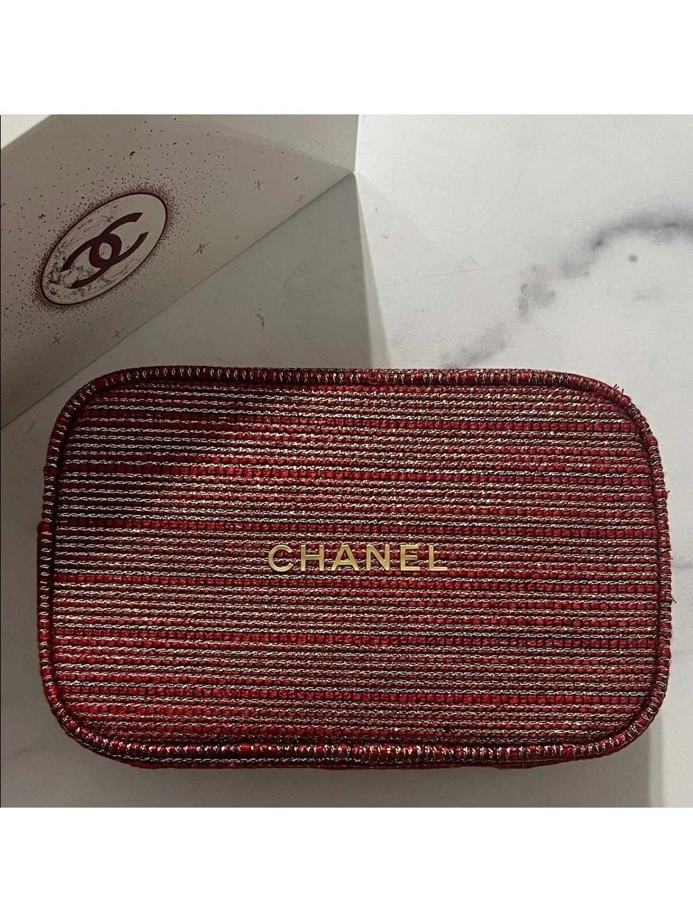 Chanel Limited Edition Cosmetic Bag in Red & Gold Tweed, NEW in Box