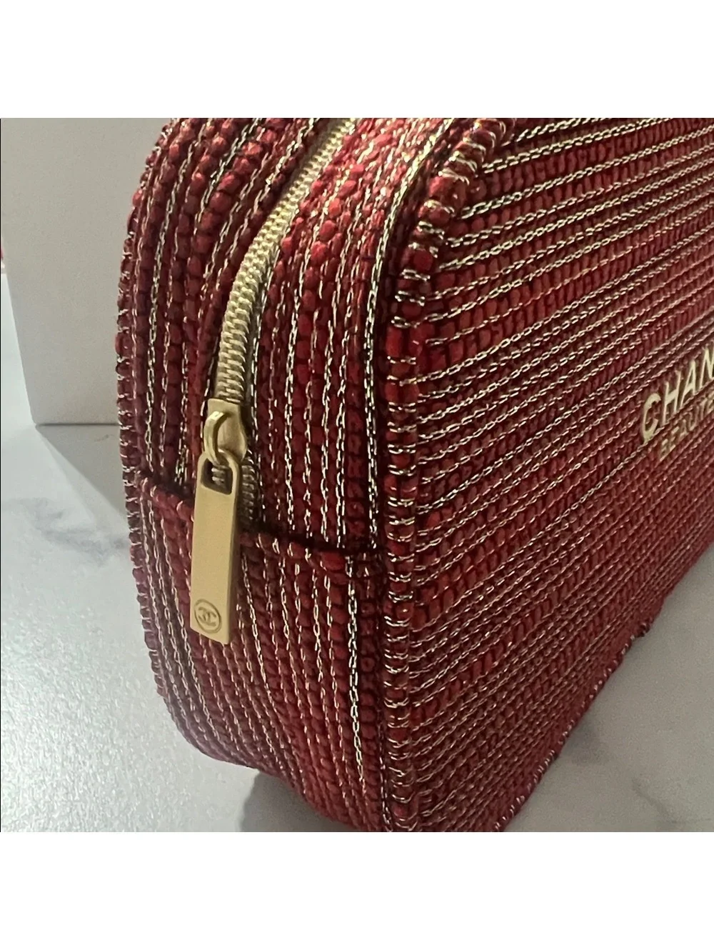 Chanel Limited Edition 2022 Cosmetic Bag in Red & Gold Tweed, NEW in Box