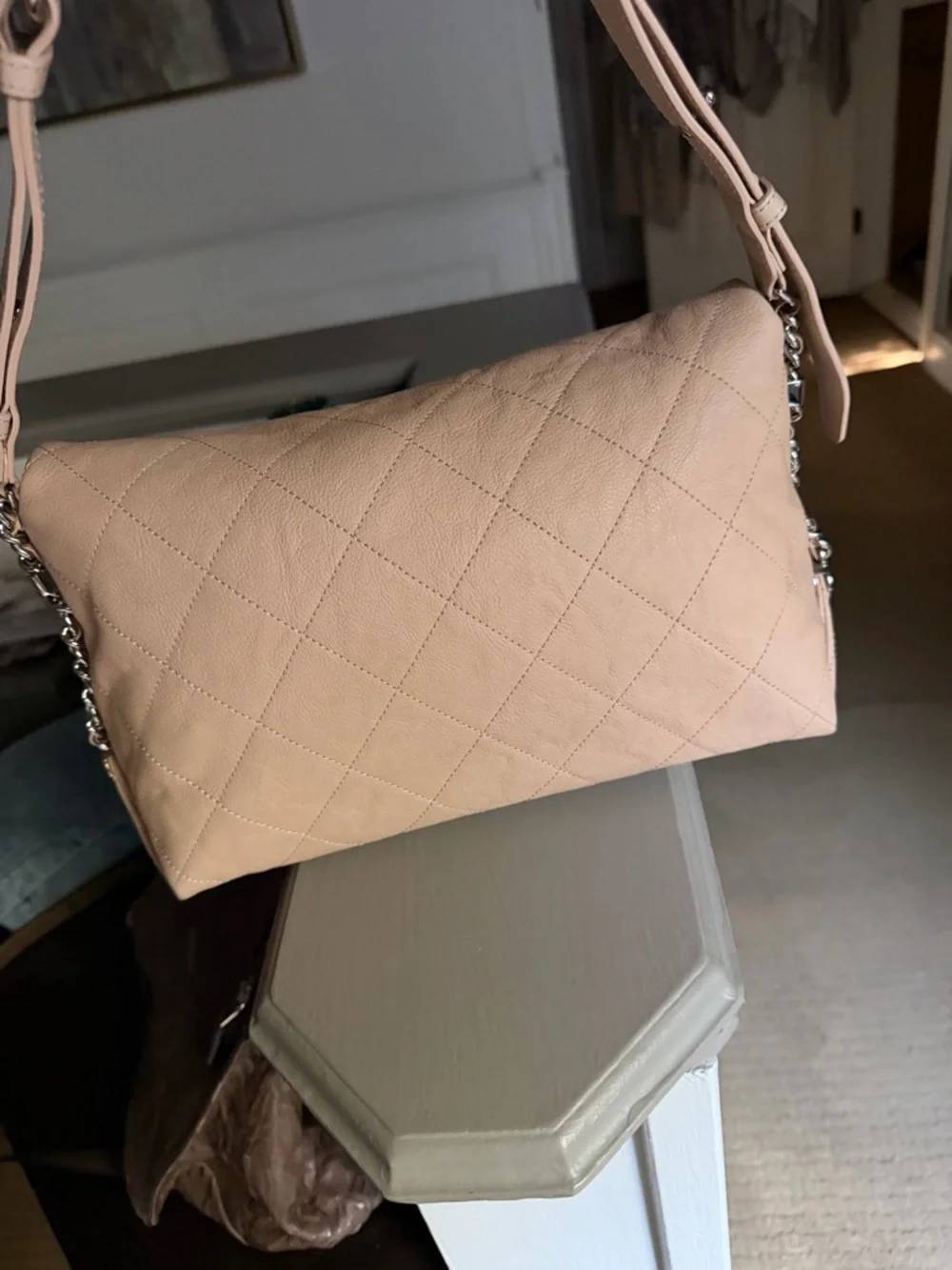 CHANEL Quilted Shoulder Bag in Light Beige with Silver Hardware