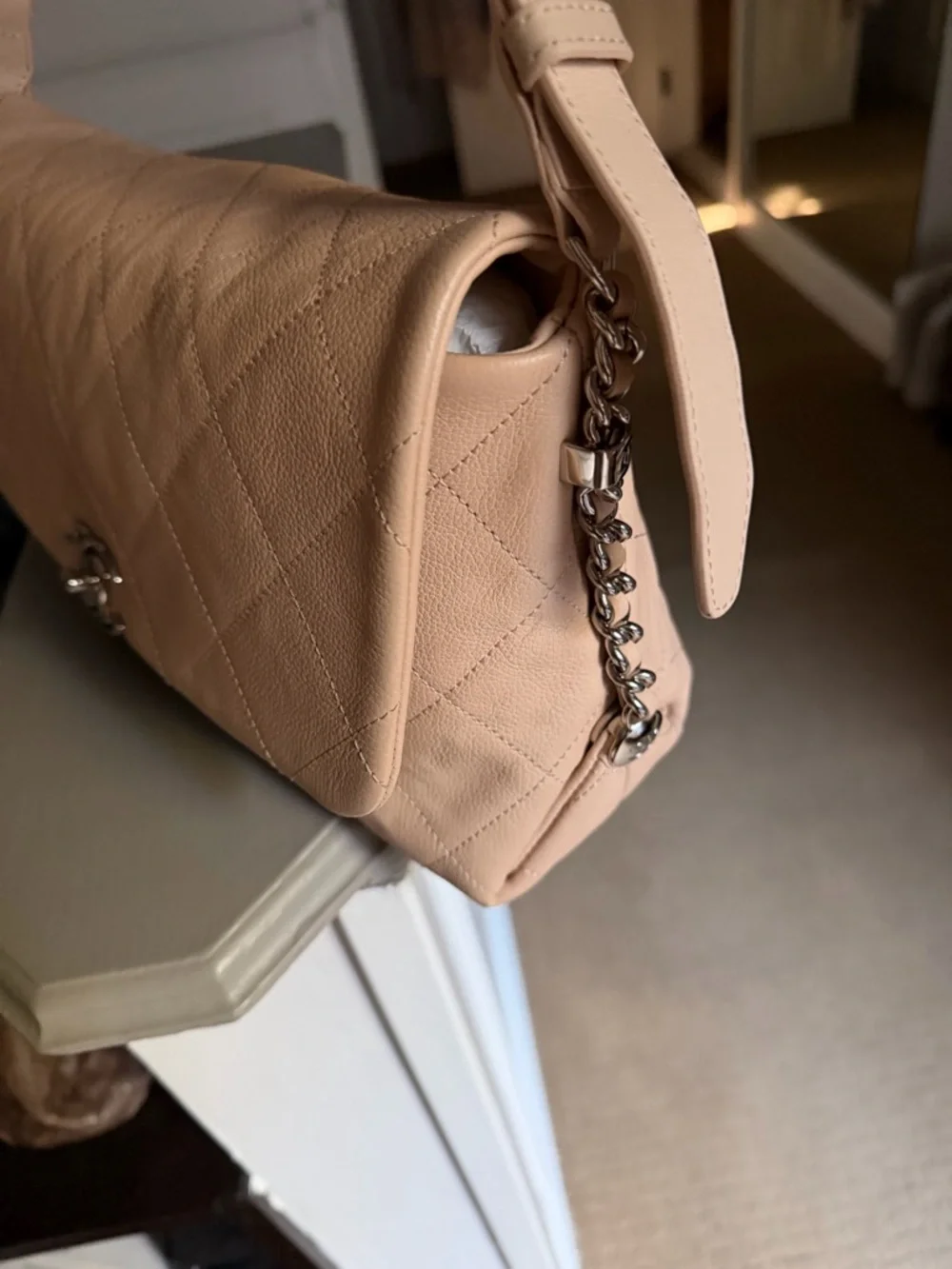CHANEL Quilted Shoulder Bag in Light Beige with Silver Hardware