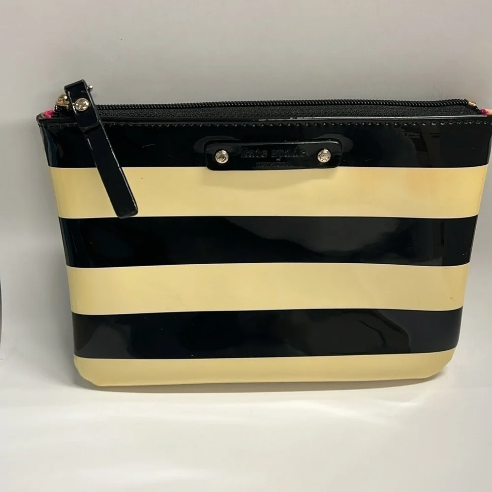 Kate Spade Patent Stripe Black Cream Zip Clutch Bag