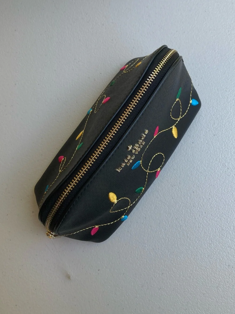 Kate Spade Holiday Christmas String Lights Makeup Cosmetics Bag Black Leather