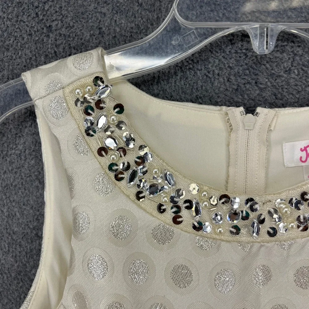 Justice Party Dress Girls 8 Cream Silver Metallic Polka Dot Sequin Embellished