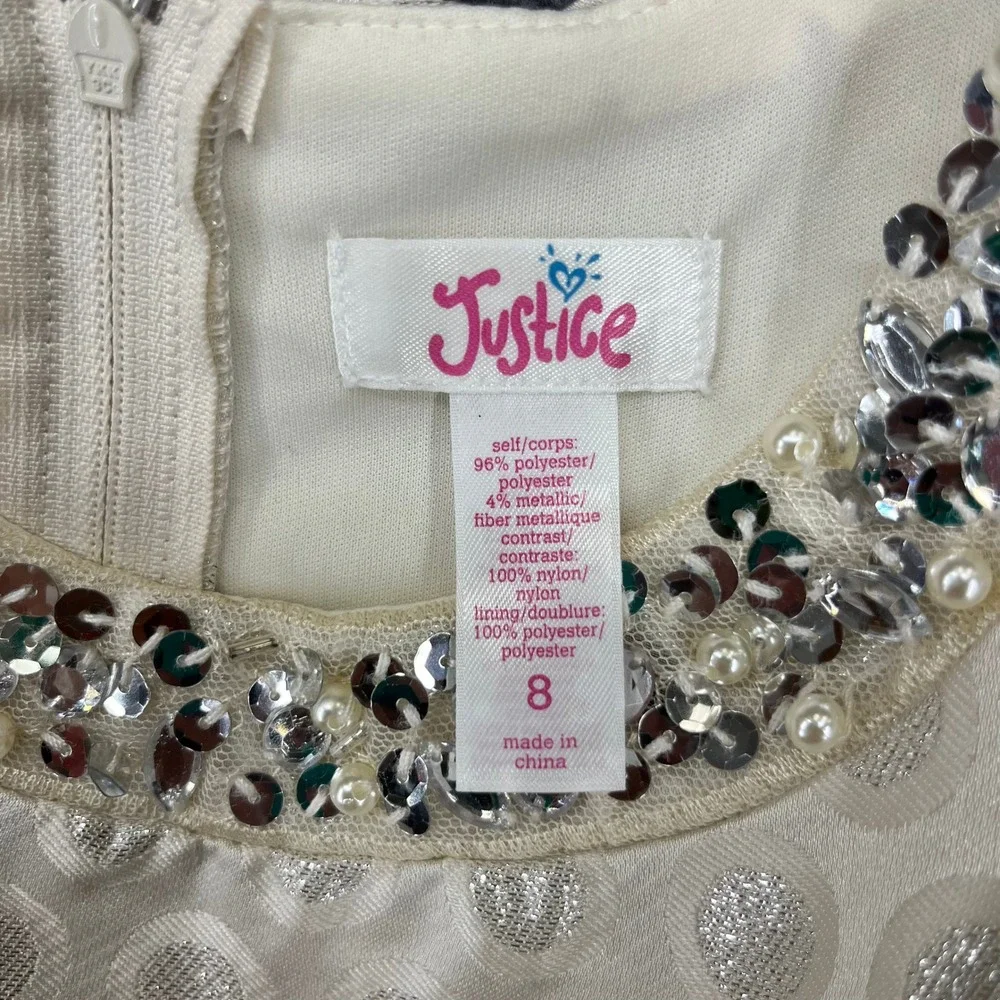Justice Party Dress Girls 8 Cream Silver Metallic Polka Dot Sequin Embellished
