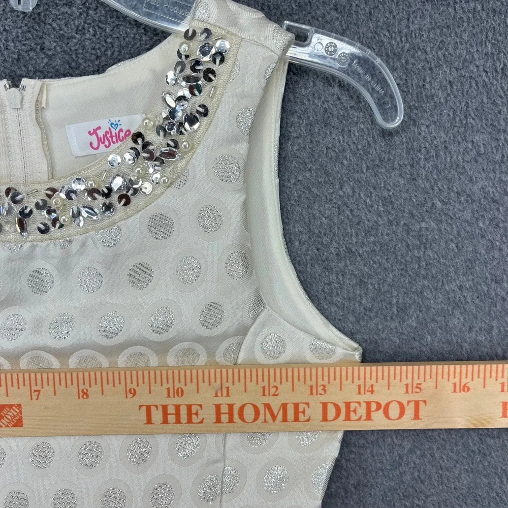 Justice Party Dress Girls 8 Cream Silver Metallic Polka Dot Sequin Embellished