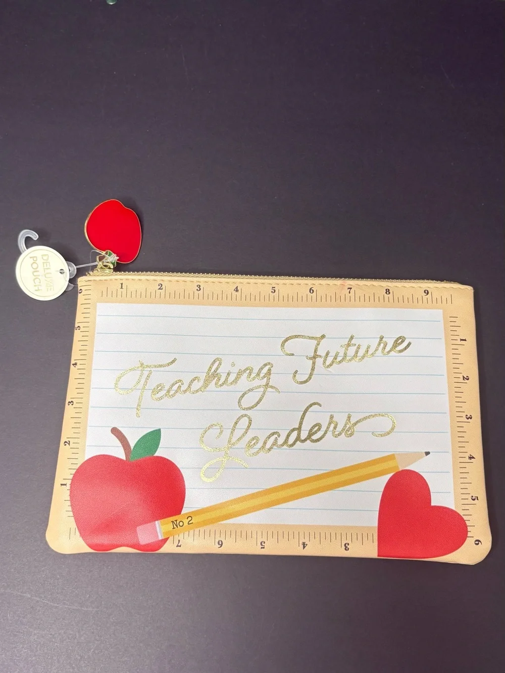 Luxe Red Apple & Gold Accent 'Teaching Future Leaders' Cosmetic/Pencil Pouch