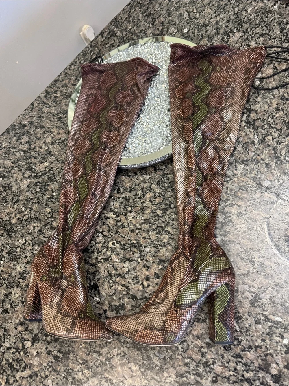 Shoe Dazzle Brown & Green Snake-Print Over-the-Knee Boots