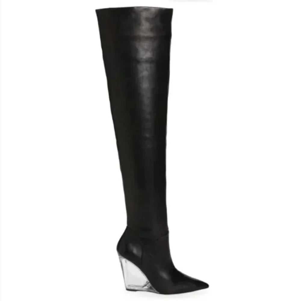 Stuart Weitzman Black Leather Lucite Wedge Over the Knee Boots