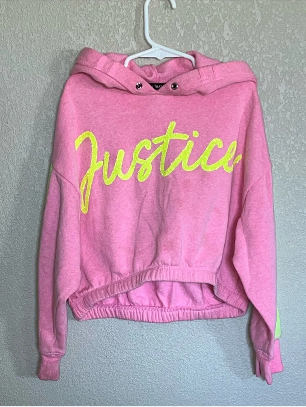 Justice Pink Hoodie with Neon Yellow Logo
