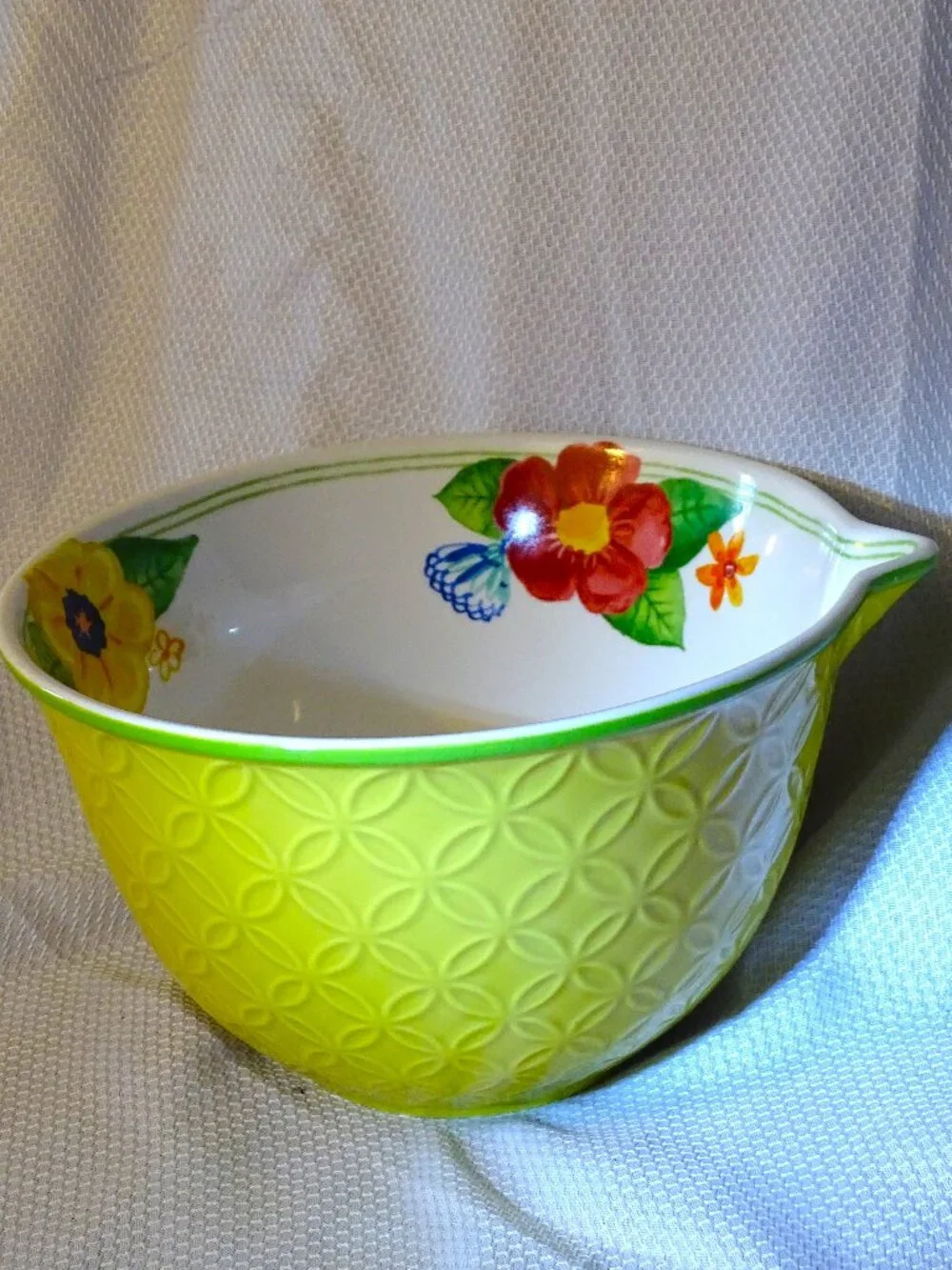 Bright Yellow Patterned Mixing Bowl with Floral Inside