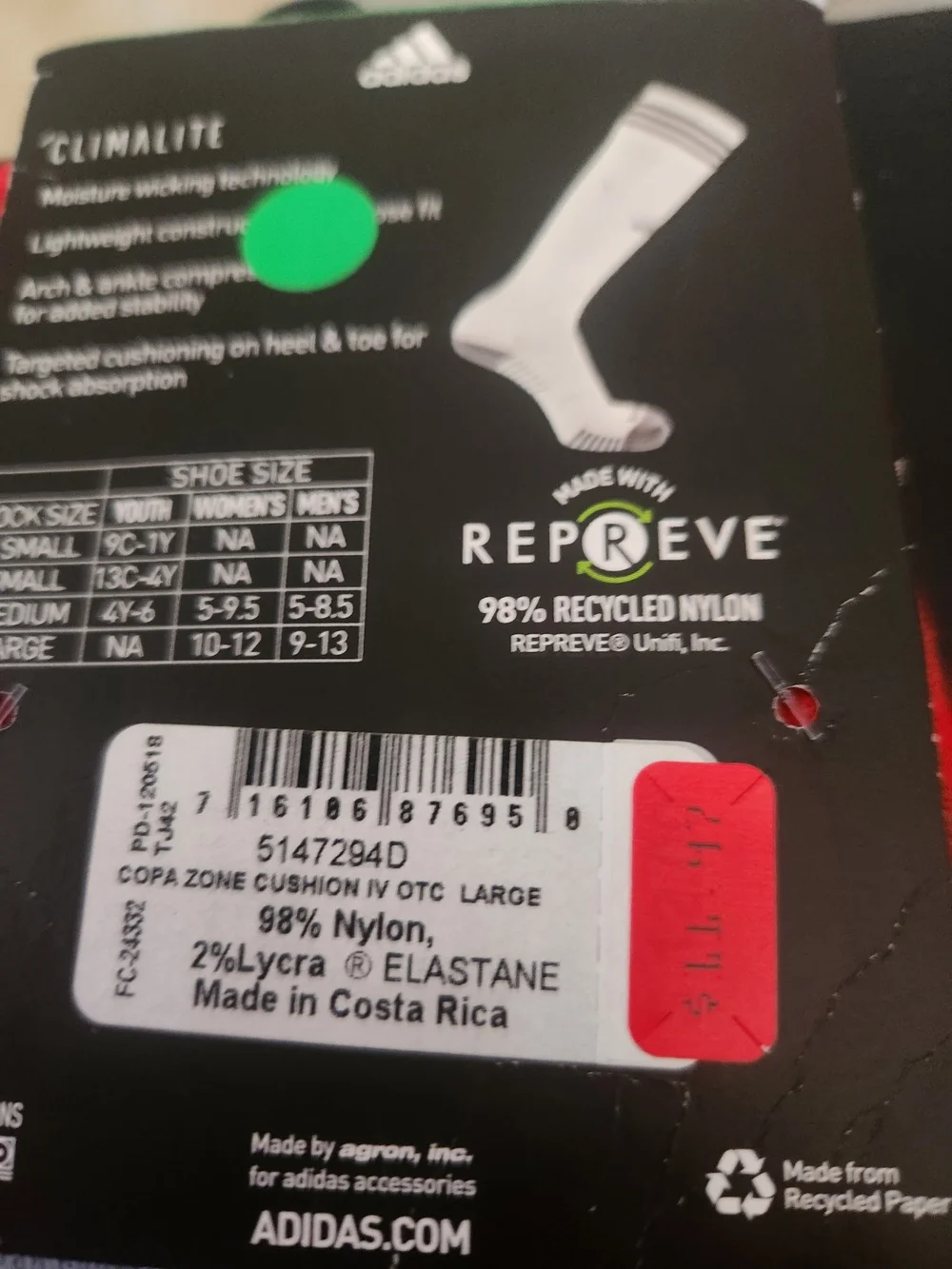 ADIDAS Red  Soccer Copa Zone Cushion Socks Size L NEW! White Logo