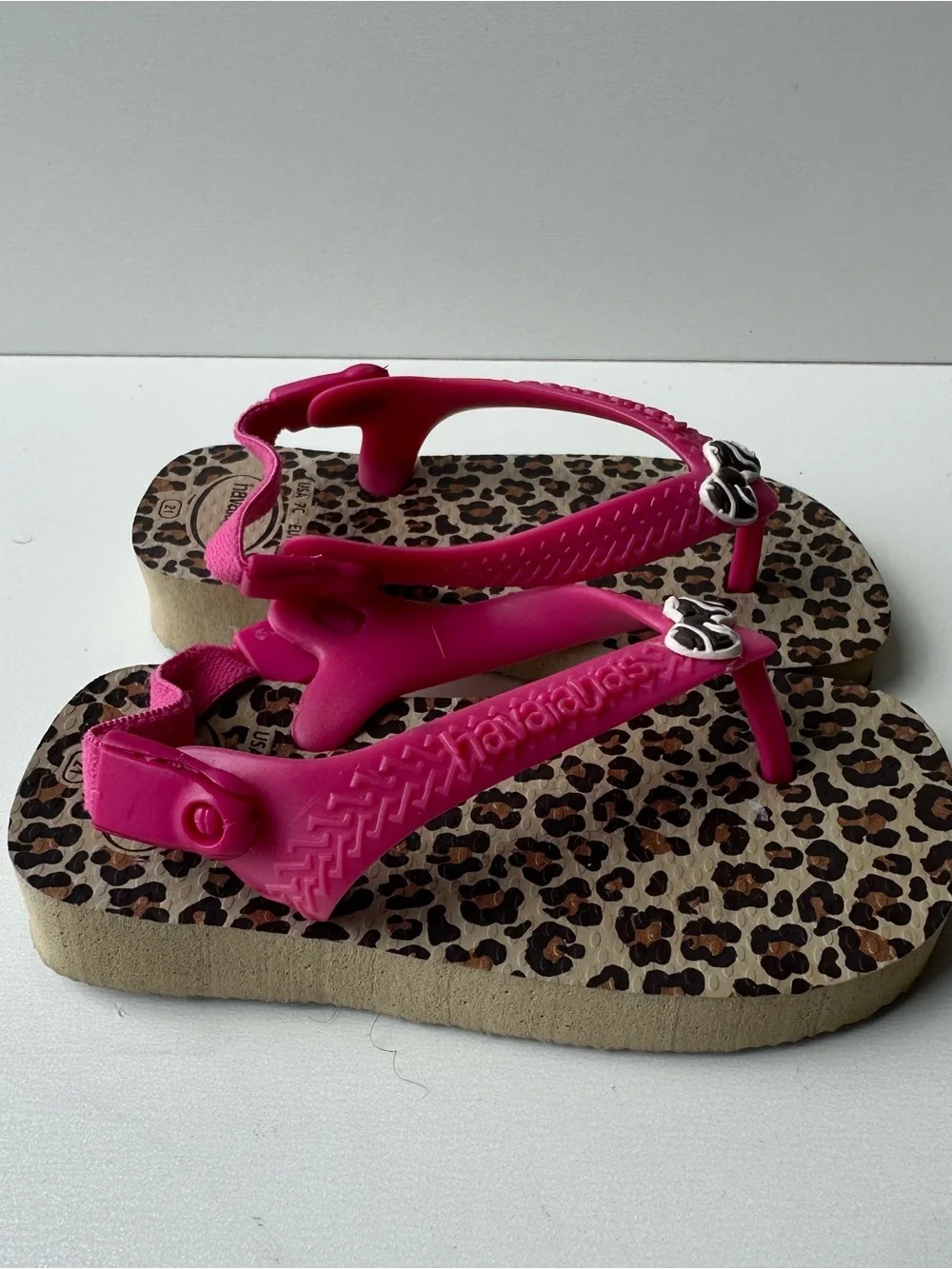 Havaianas Baby Girl Leopard Print Flip Flop Sandals Pink Bow Backstrap USA 7C