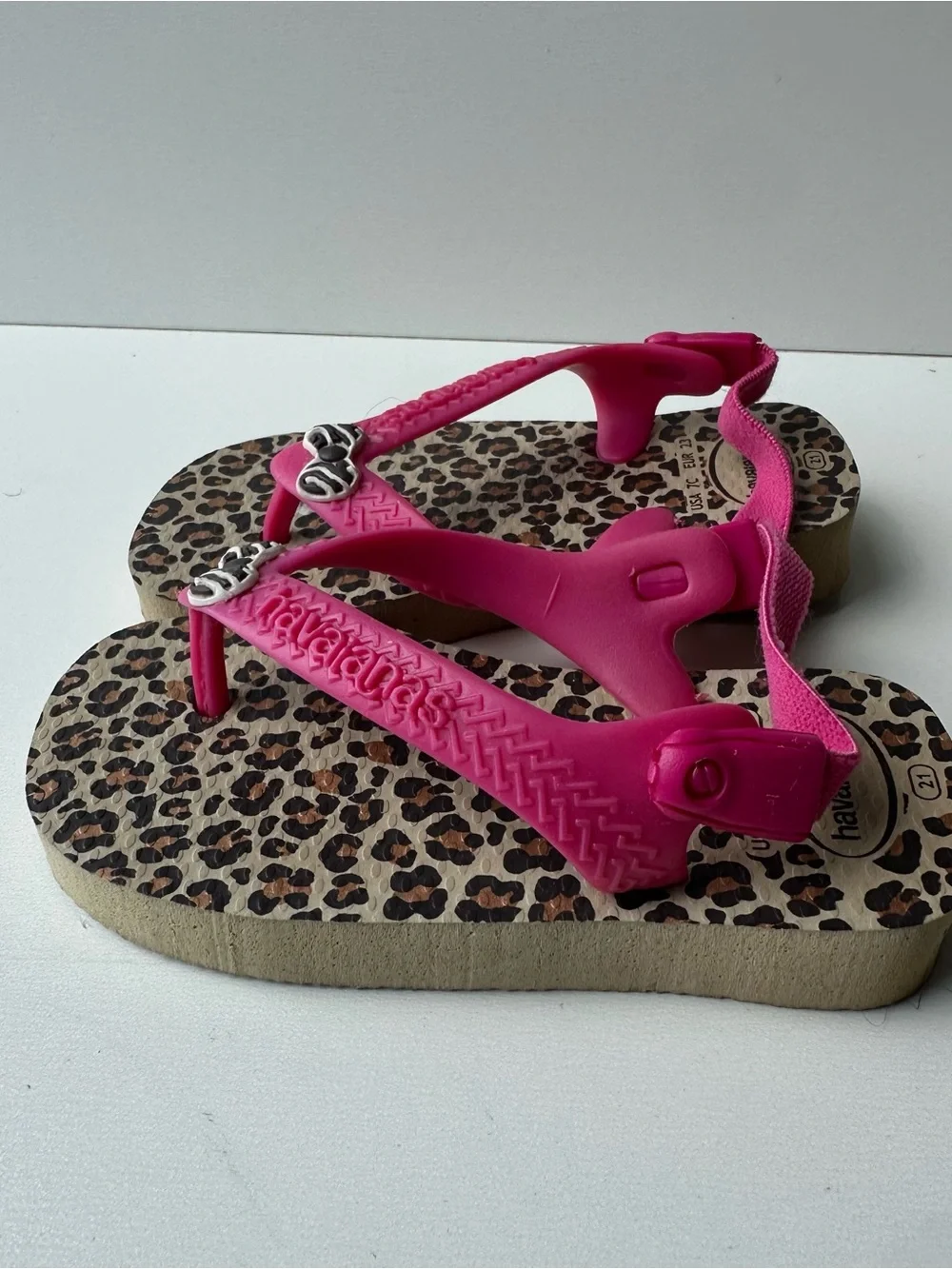 Havaianas Baby Girl Leopard Print Flip Flop Sandals Pink Bow Backstrap USA 7C