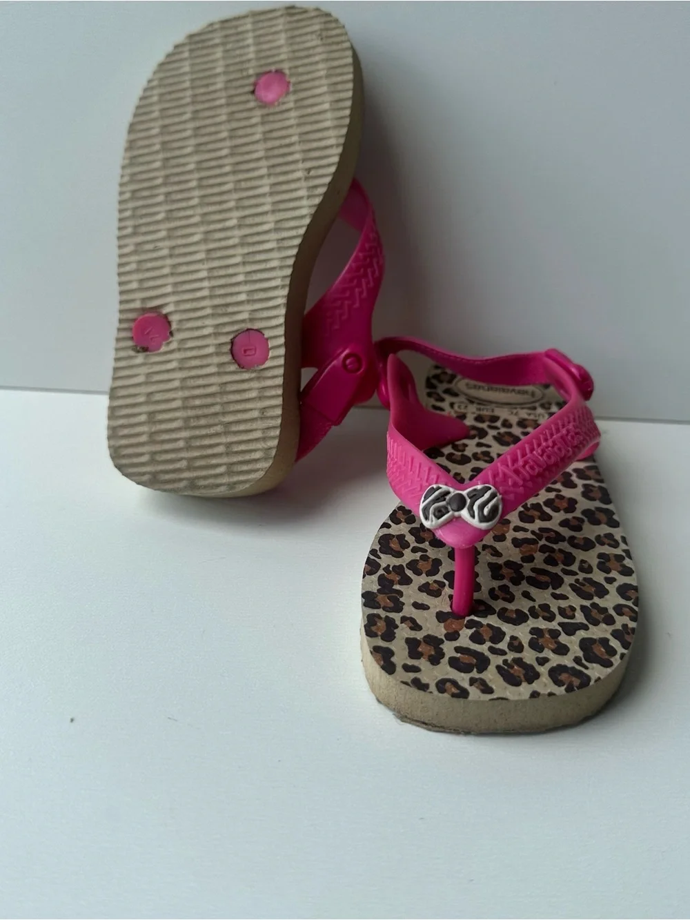 Havaianas Baby Girl Leopard Print Flip Flop Sandals Pink Bow Backstrap USA 7C