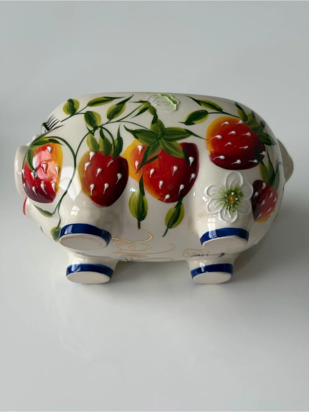 Blue Sky Heather J. McCall 2004 Hand-Painted Strawberry Pig Sugar Bowl Jam Pot