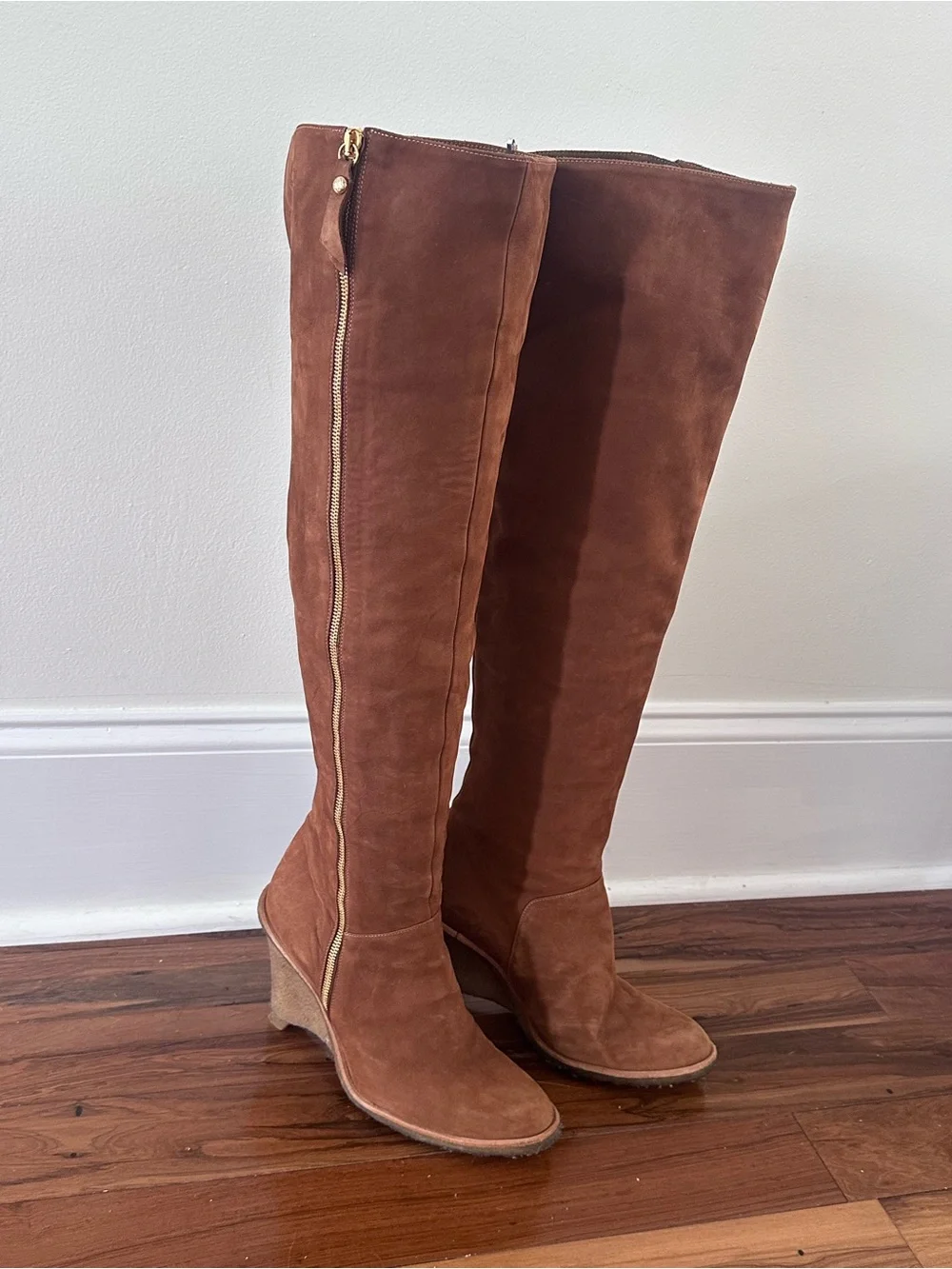 Stuart Weitzman Tall Suede Wedge Boots in Brown