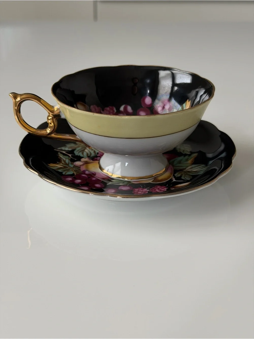 Japan Royal Sealy Vintage Porcelain Black & Gold Fruit Motif Teacup & Saucer Set
