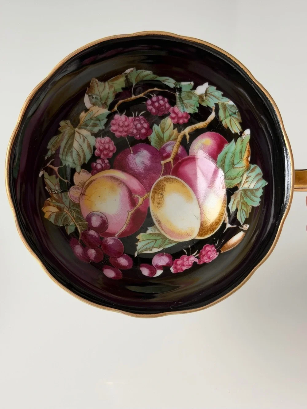 Japan Royal Sealy Vintage Porcelain Black & Gold Fruit Motif Teacup & Saucer Set