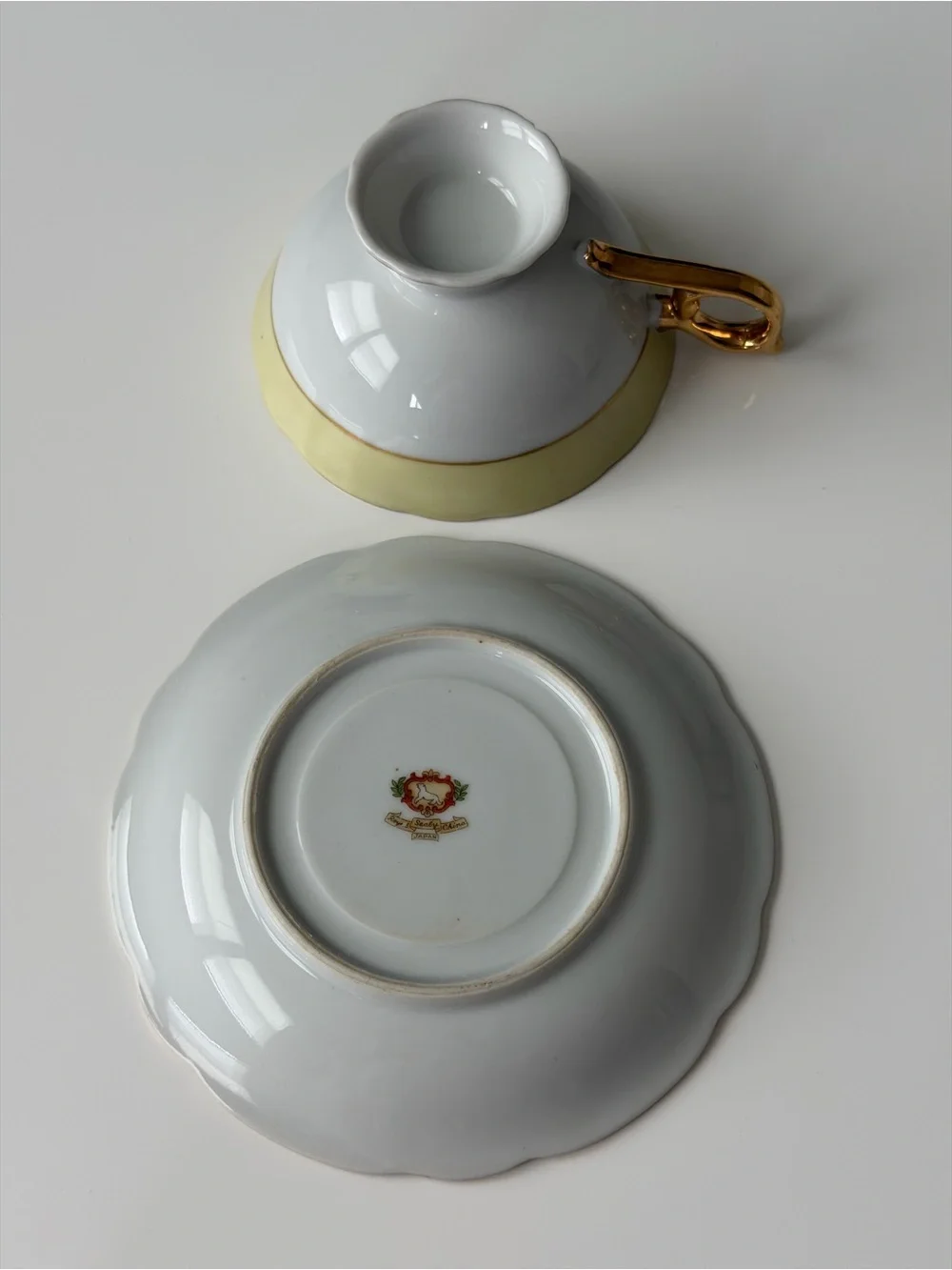 Japan Royal Sealy Vintage Porcelain Black & Gold Fruit Motif Teacup & Saucer Set