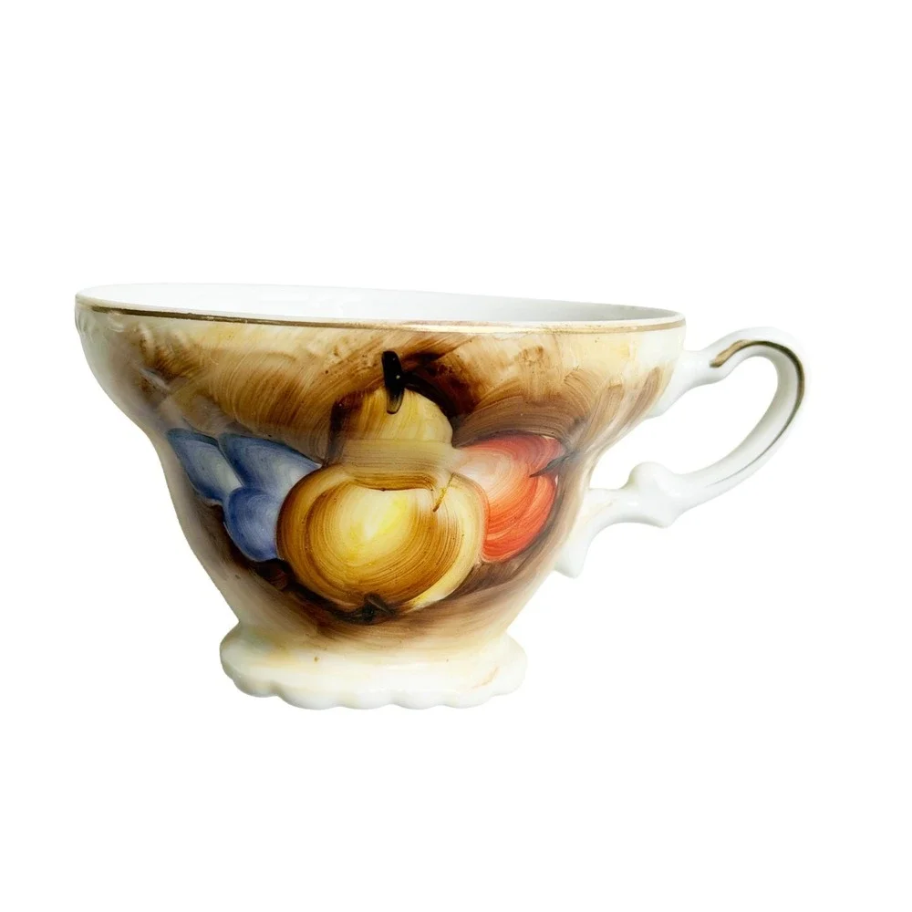 Vintage Tea Cup And Saucer Fruit Design Pear Grapes Gold Trim