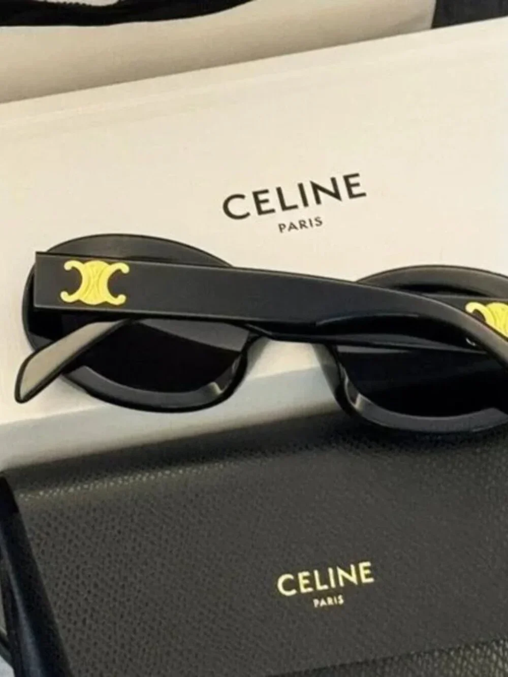 Celine Triomphe Oval Sunglasses Black Acetate Frame Dark Grey Lenses Gold Triomp