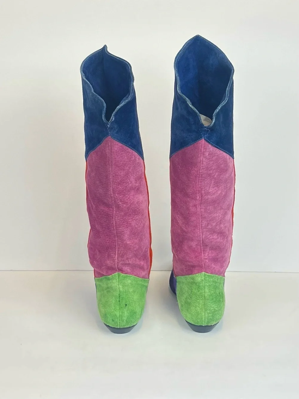 Vintage Bootalinos Multicolor Low Heels Slanted Hi Lo Suede Leather Boots Size 7