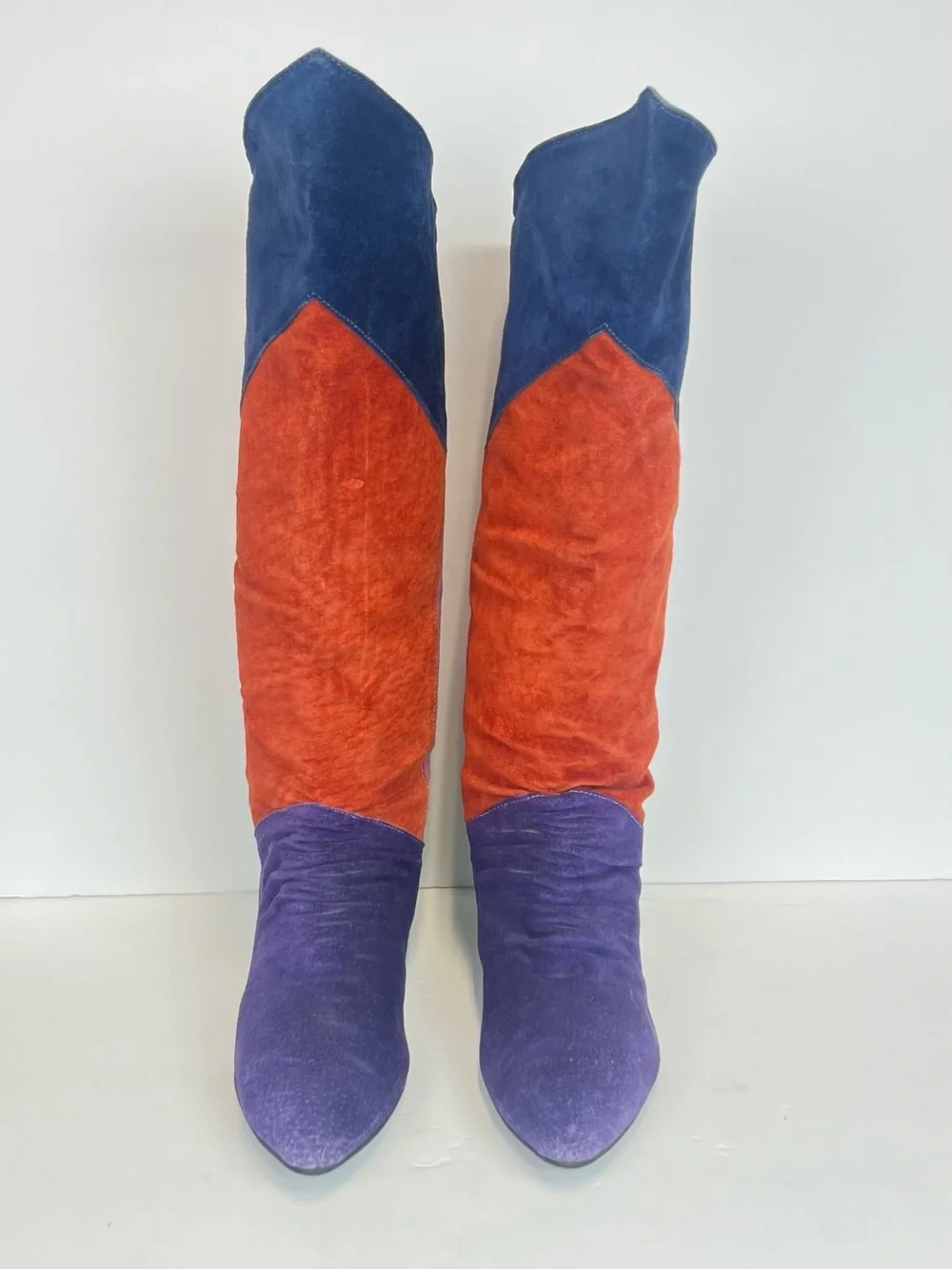 Vintage Bootalinos Multicolor Low Heels Slanted Hi Lo Suede Leather Boots Size 7