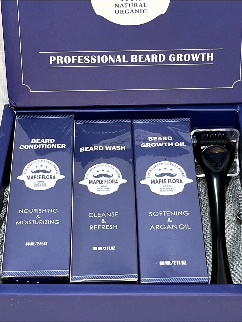Maple Flora Professional Beard Growth Kit Oil Wash Conditioner Derma Roller NEW