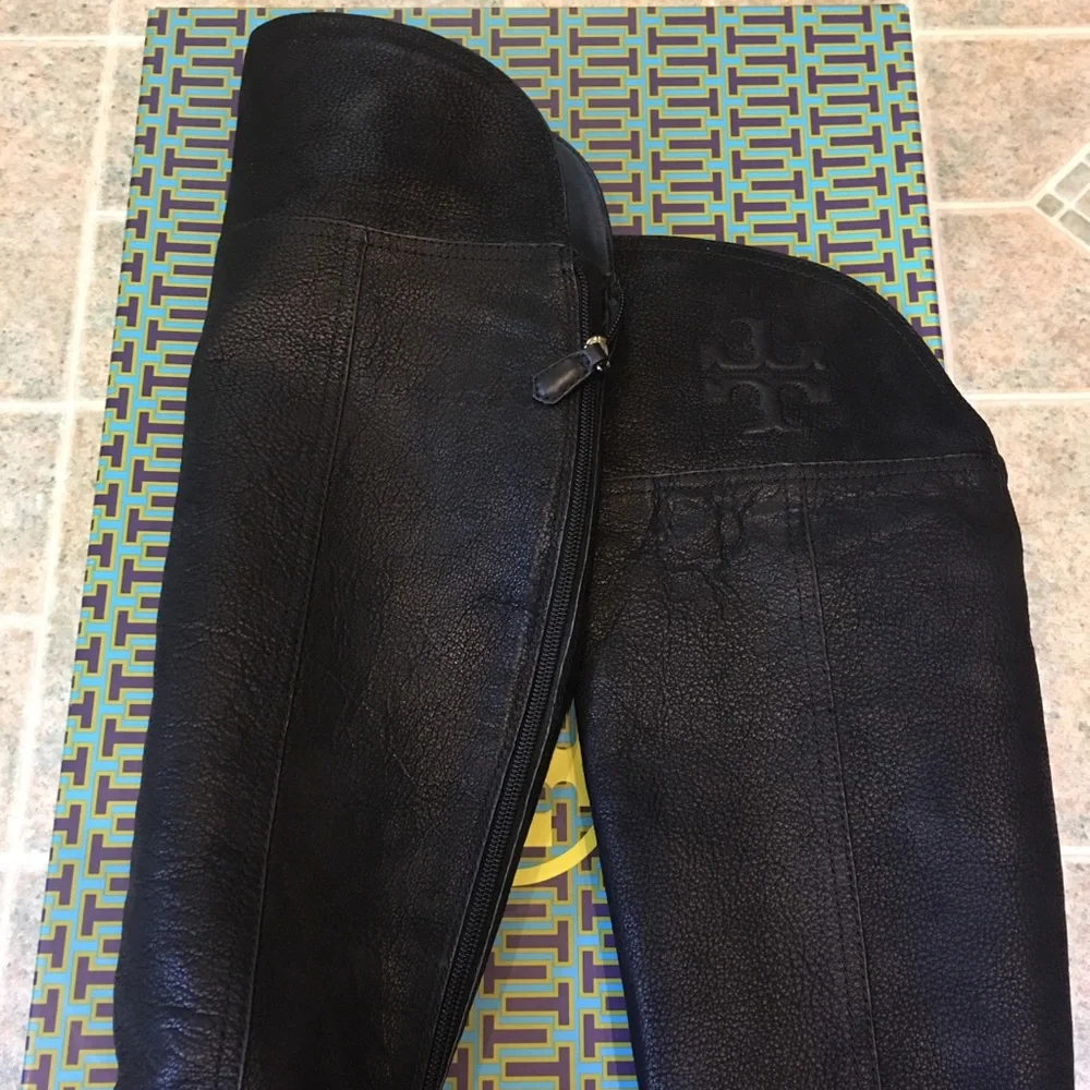 Tory Burch Black Over-The-Knee Leather Riding Boots with Embossed Logo