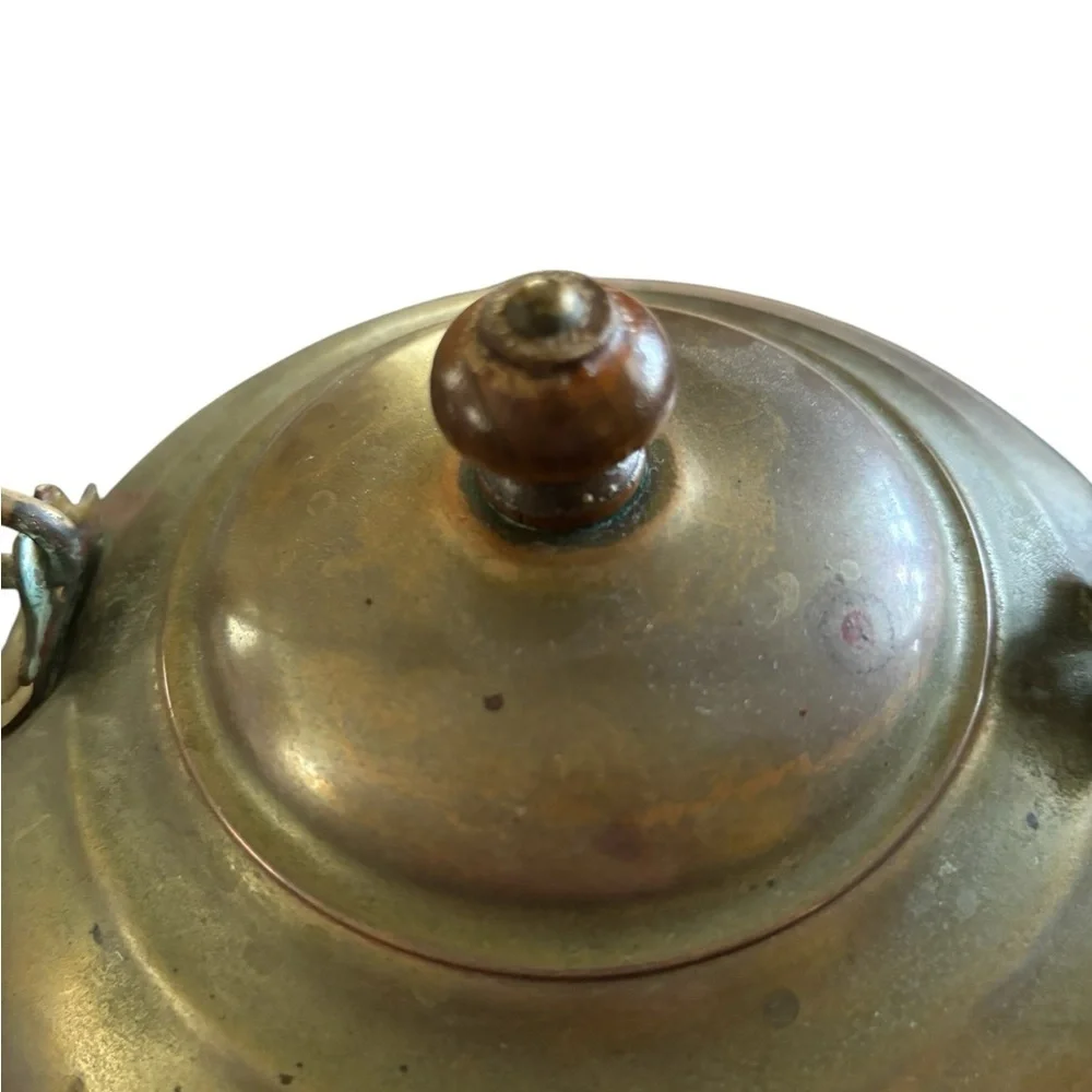 VTG Revere Ware Brass Copper Tea Pot Wood Handle Patina Collectible 7”W 8.5”H