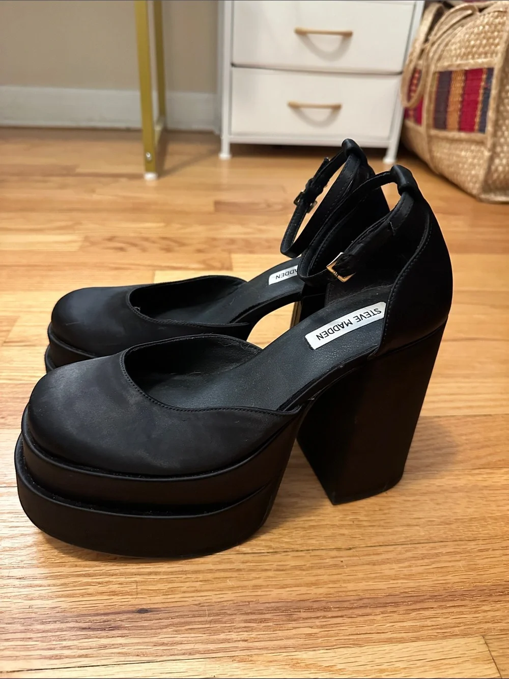 Steve Madden Black Ankle-Strap Platform Block Heels