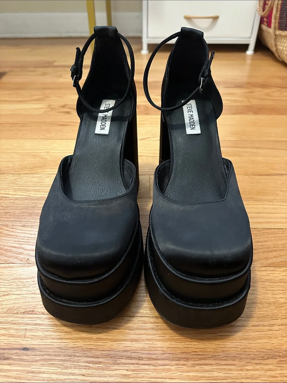 Steve Madden Black Ankle-Strap Platform Block Heels