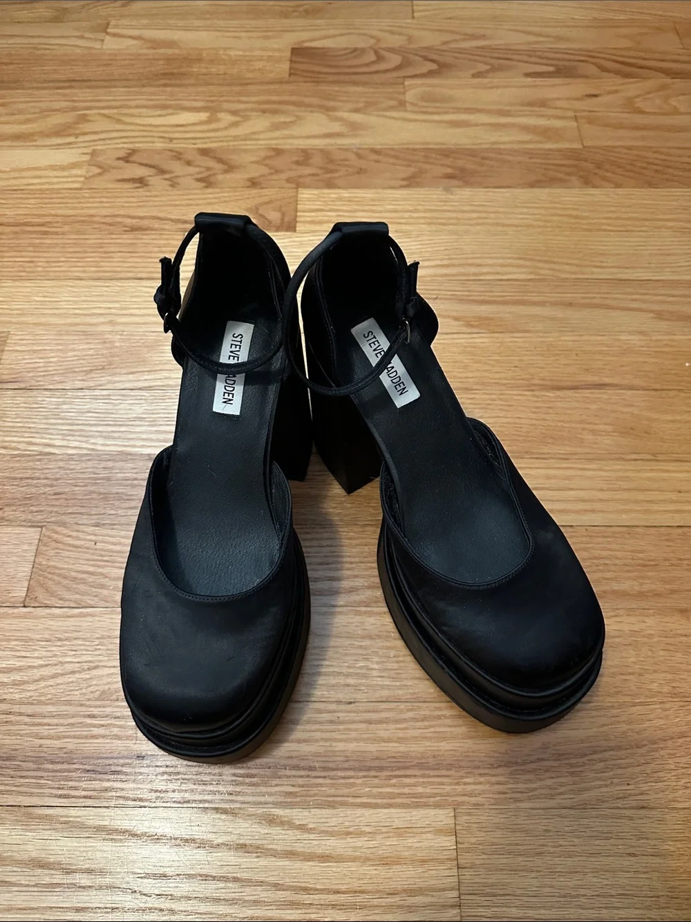 Steve Madden Black Ankle-Strap Platform Block Heels