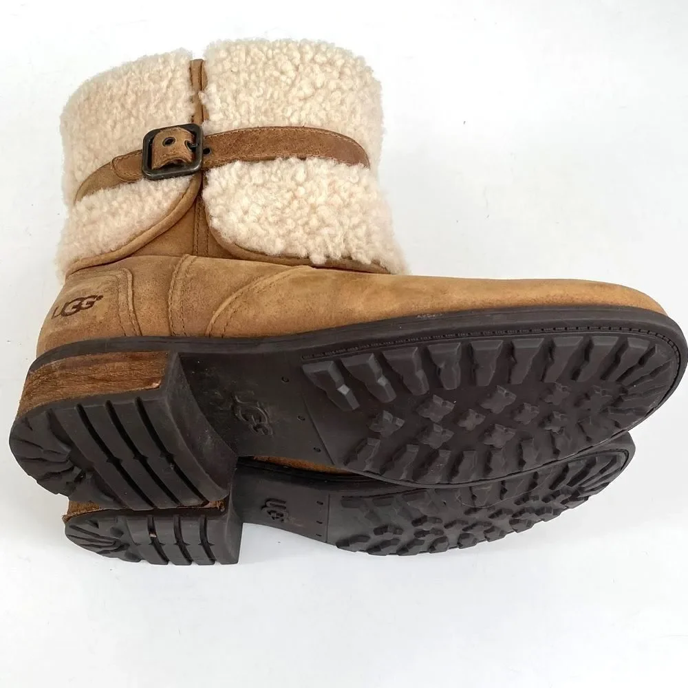 UGG Blayre II Boots Women's Tan Suede Cream Shearling Buckle Sz 9.5 Boho Western