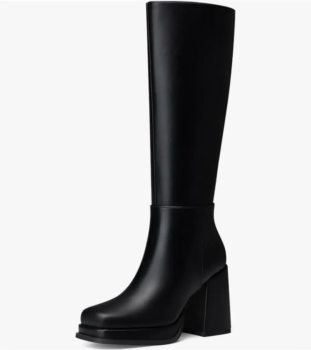 Cellenz Women Knee High Platform Boots Chunky Block Heel Square Toe Black Sz 6.5