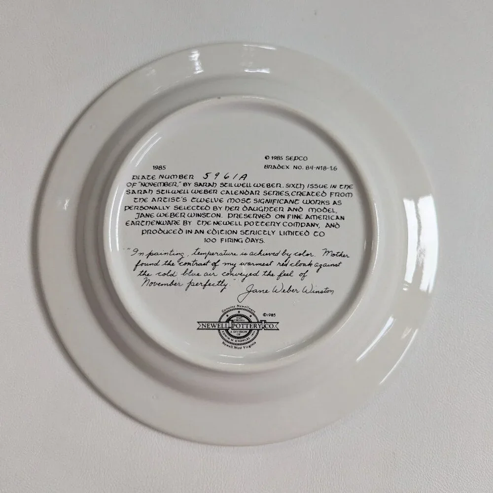 Sara Stilwell Webber Calendar Collections Plate November By Newell Pottery 1984