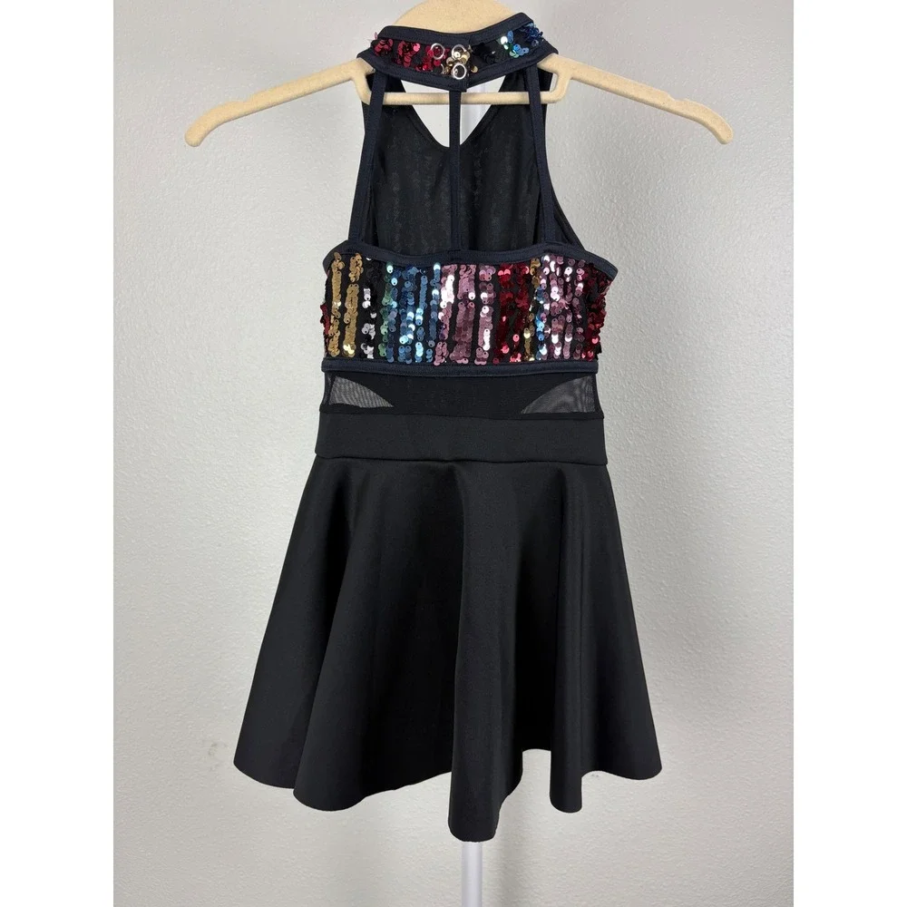 Weissman IC Kids Sequin Rainbow Stripe Dance Costume Skater Dress Black Jazz