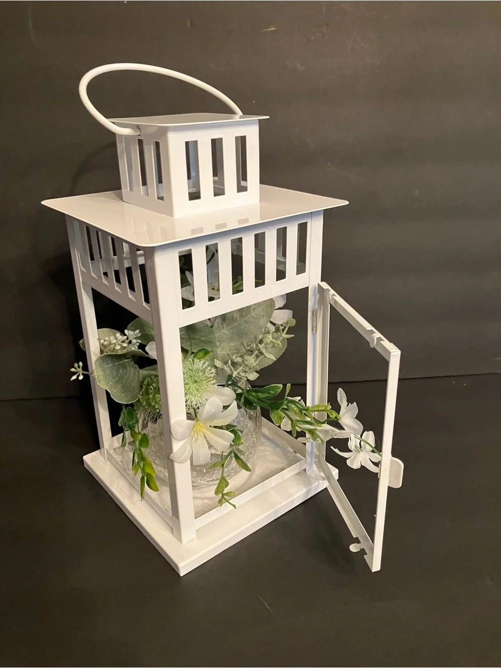White Decorative Lantern with Faux Floral Arrangement
