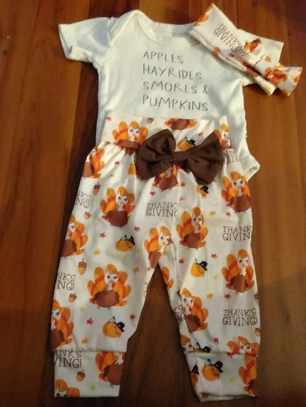 NWOT Thanksgiving Baby Girls 6-9 Months Outfit, Pants, Headband & Bodysuit Set