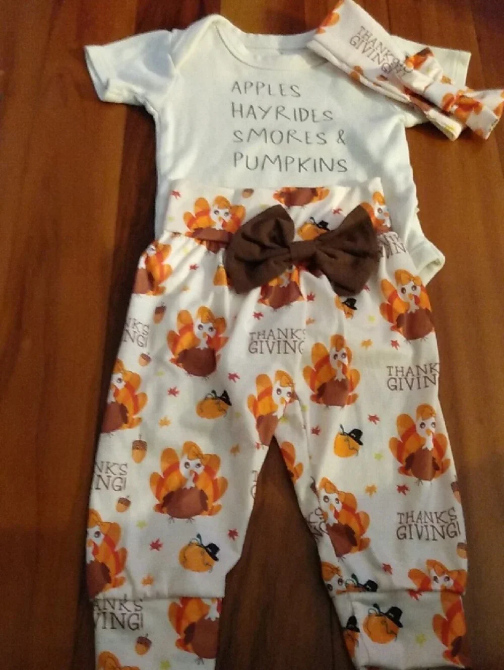 NWOT Thanksgiving Baby Girls 6-9 Months Outfit, Pants, Headband & Bodysuit Set