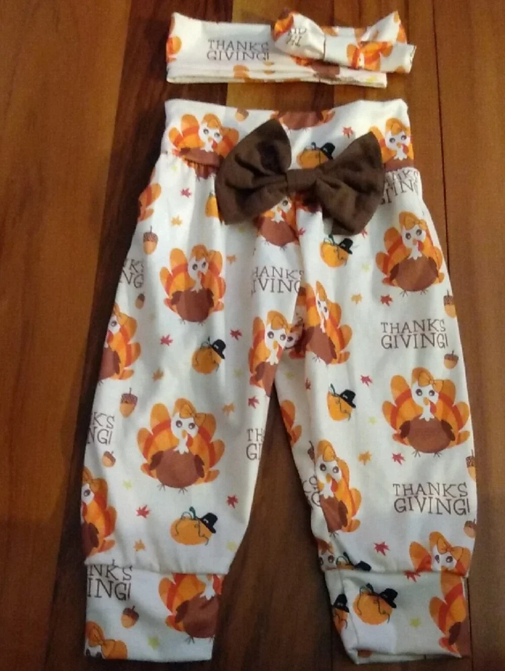 NWOT Thanksgiving Baby Girls 6-9 Months Outfit, Pants, Headband & Bodysuit Set