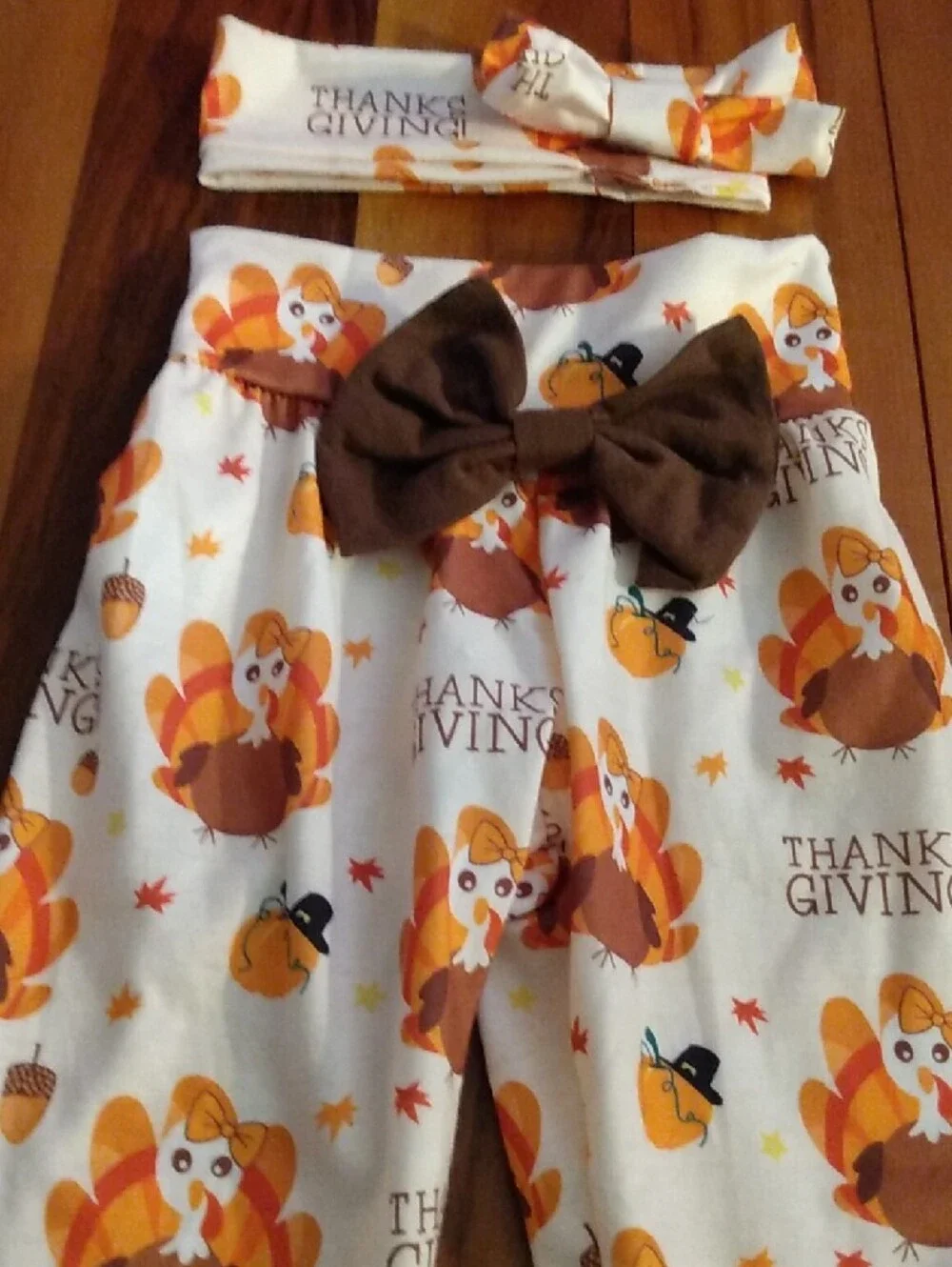 NWOT Thanksgiving Baby Girls 6-9 Months Outfit, Pants, Headband & Bodysuit Set