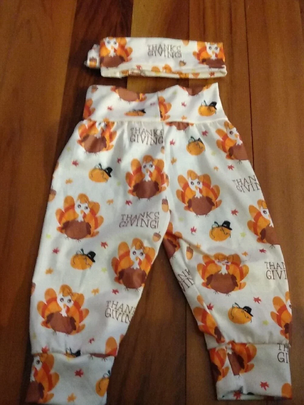 NWOT Thanksgiving Baby Girls 6-9 Months Outfit, Pants, Headband & Bodysuit Set