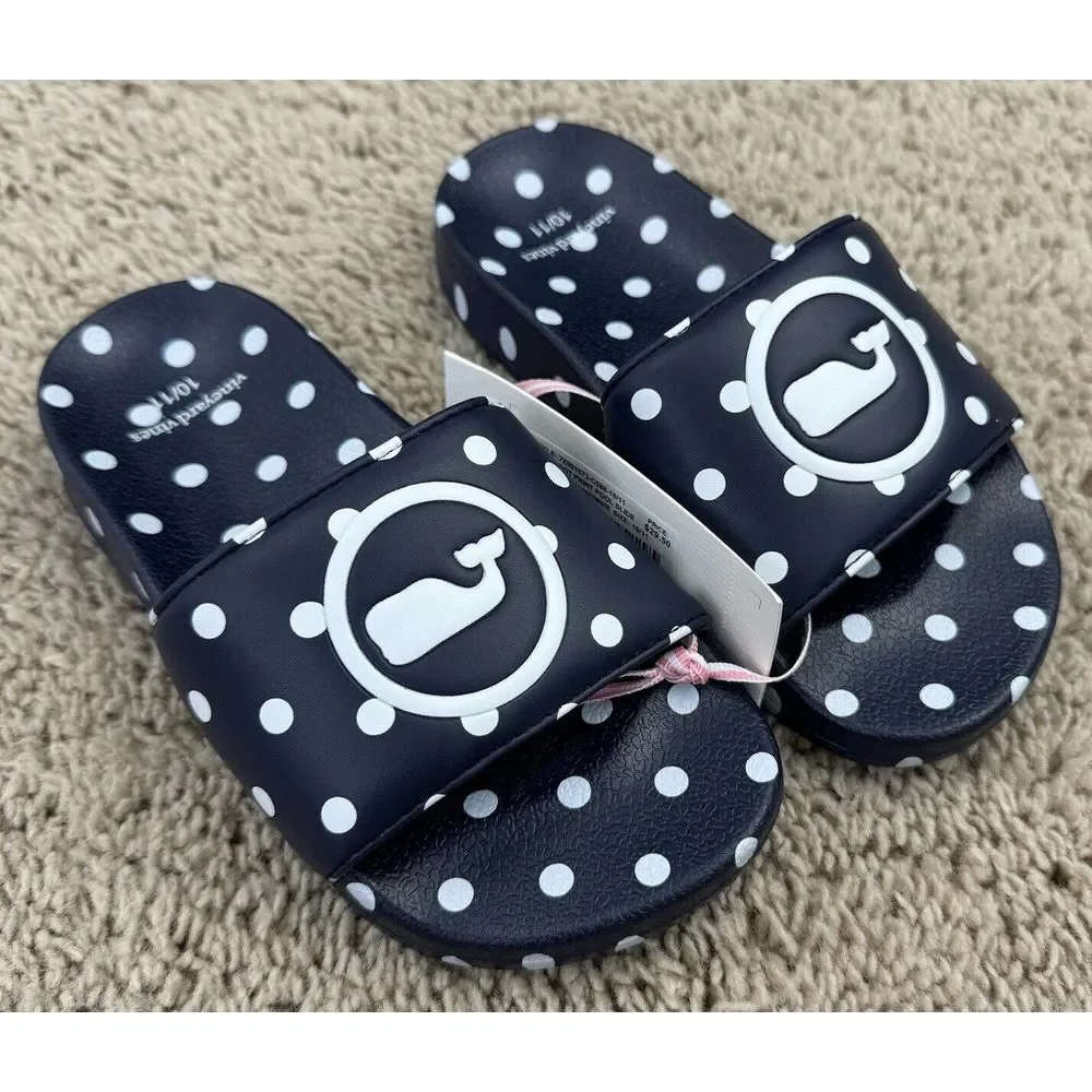 Vineyard Vines Slides Girls 10/11 Navy Polka Dot Whale Logo Poolside Sandal‎ NWT